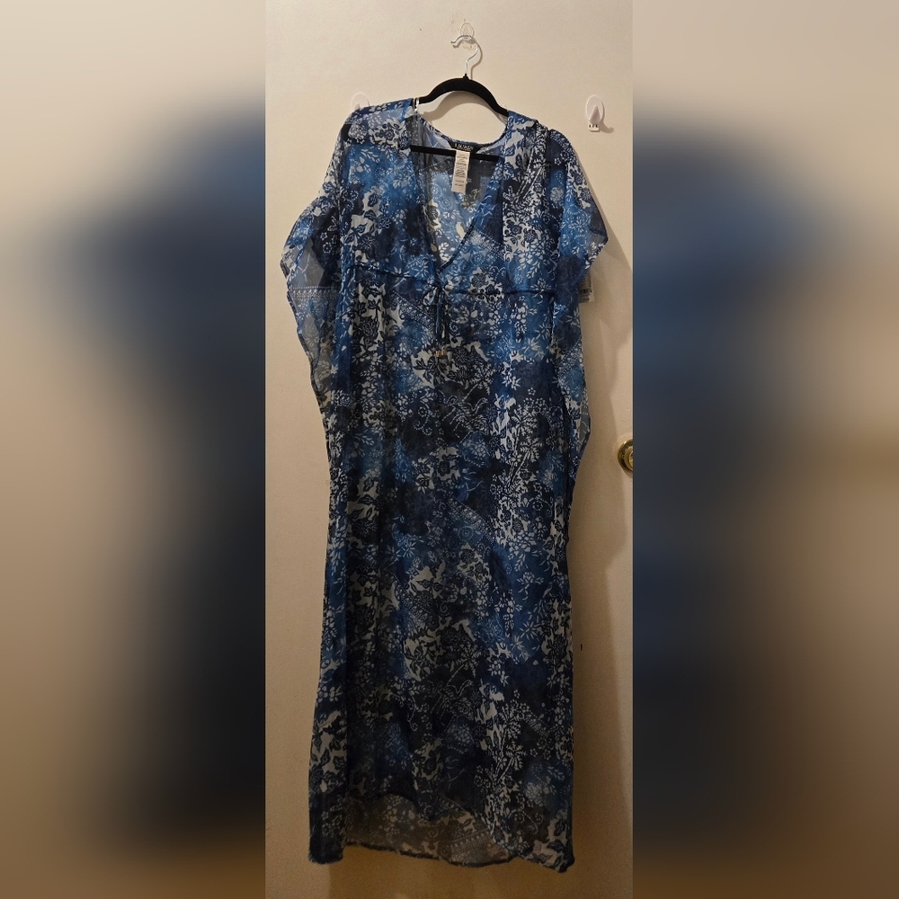Lauren Ralph Lauren Blue and White Midi Caftan with flutter sleeves